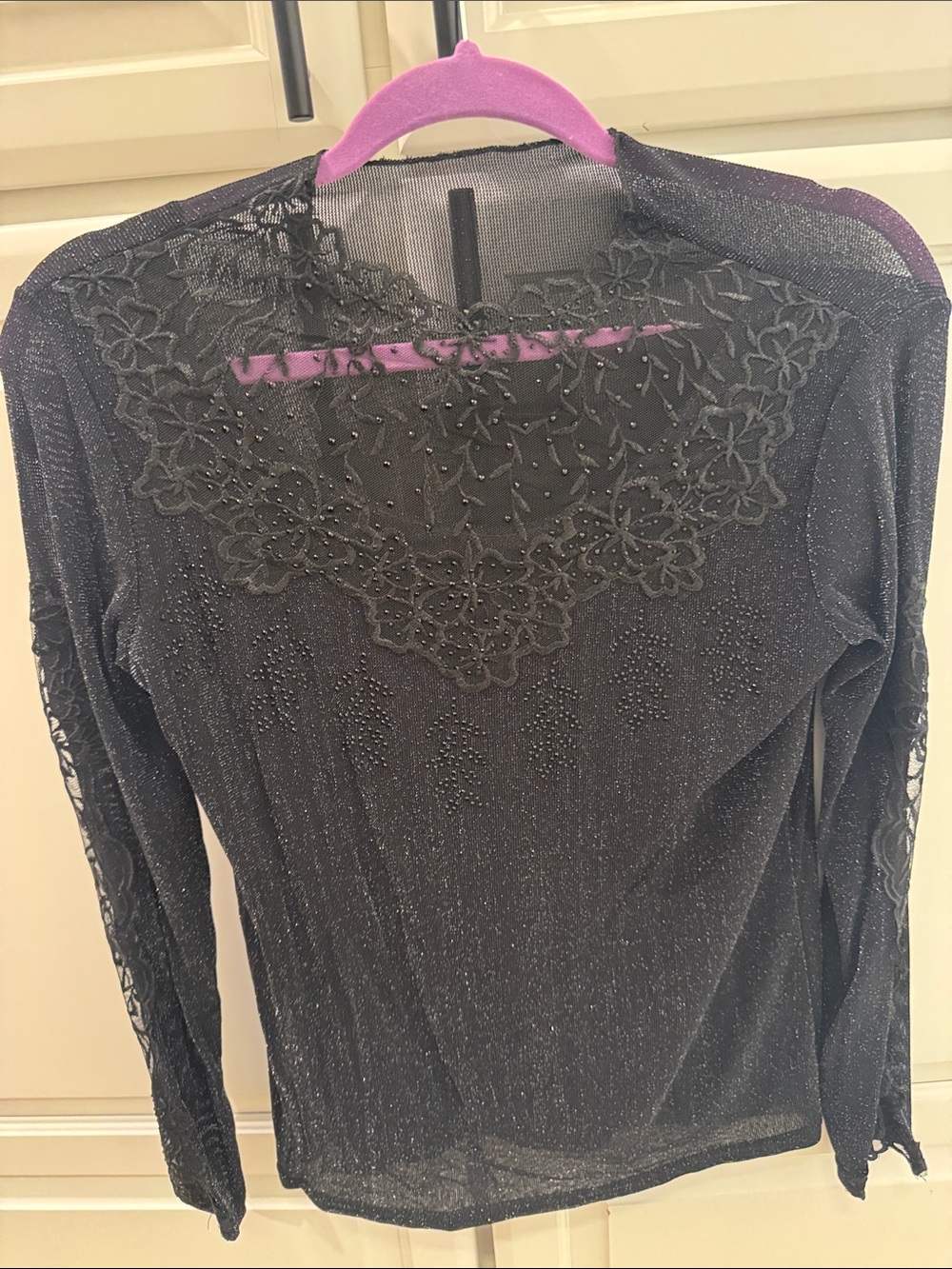 Black Sparkle Lace-Yoke Long Sleeve Top